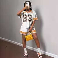 New Fashion Street Print Loose Casual V-Neck Short Sleeve Top And Shorts Sports Set B5