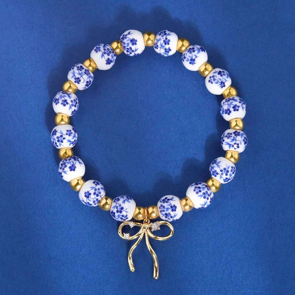 Blue and White Porcelain Beaded for Women Handmade Stretch Bracelet with Bow Charm Vintage Chinese Floral Style Jewelry Gift