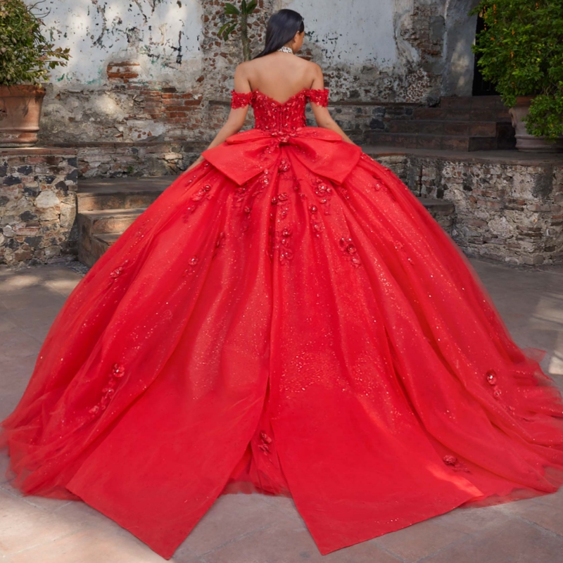 Red Shiny Quinceanera Dresses Ball Gown Off The Shoulder Applique Flower Beads Bow Tull Sweet 16 Dress Vestidos 15 De Anos