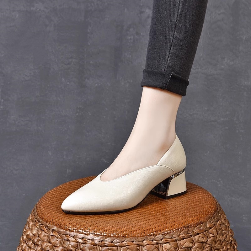 Ddmysports New Spring Summer Women S Pointed Toe Chunky Soft Leather Single Brown Loafers Grandma Mid Heel Korean Style Shoes Outdoor Shoes