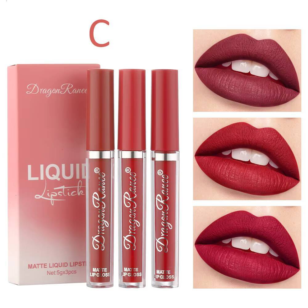 Dragon Ranee 3pcs/set Lip Glaze Velvet Matte Non-Stick Liquid Lipstick Lasting lipgloss happy