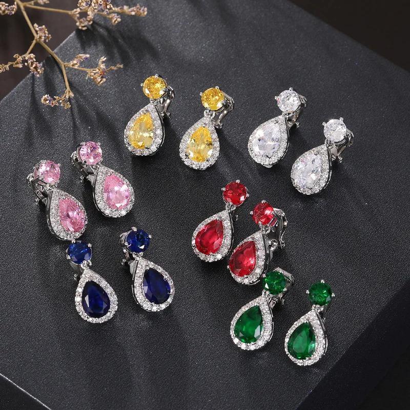 High Quality Geometric Drop Colorful Zircon Clip on Earring for Women Without Piercing Ear Clip for Women Wedding Jewelry 250610