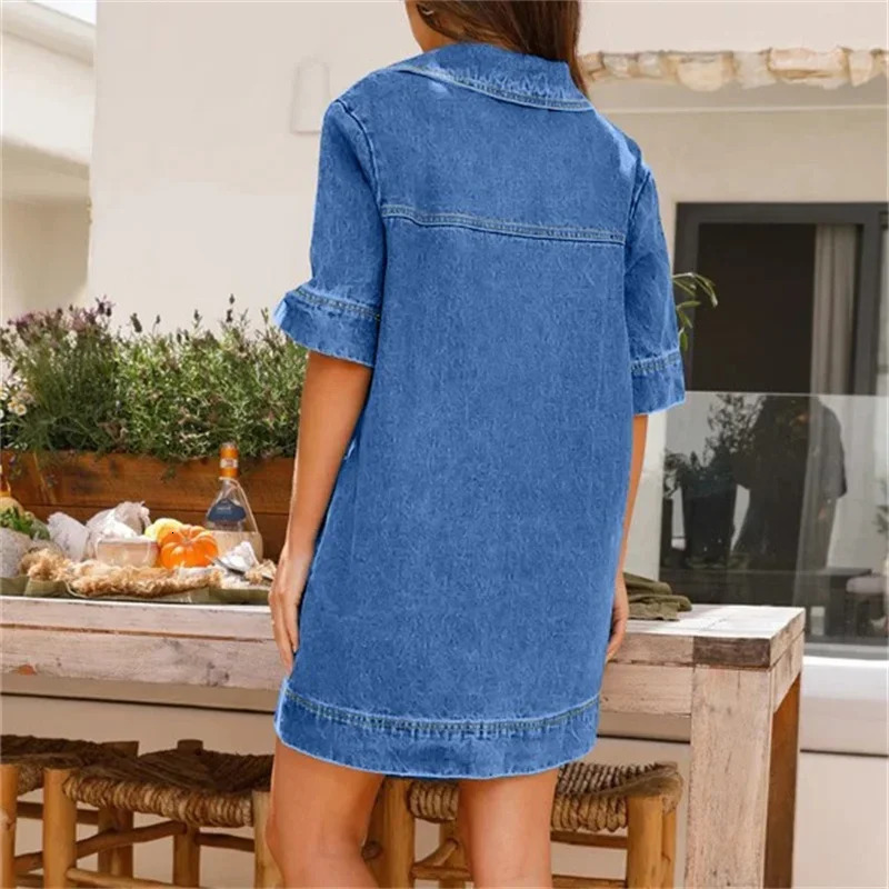 Summer Thin Double Pockets Patchwork Denim Dress Women Daily Casual Gown Female Lapel Deep V-Neck Half Sleeve Loose Dresses 250609