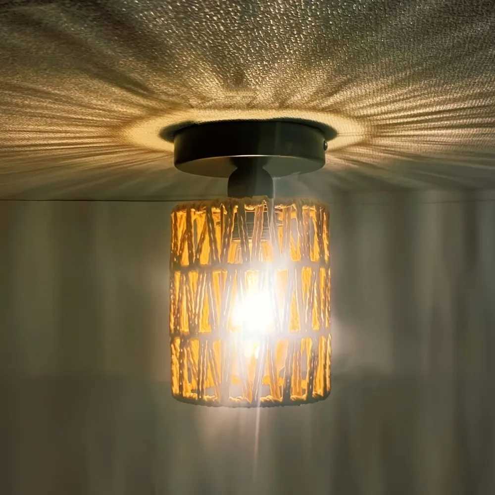 Charming Hand-Woven Iron Cylinder Ceiling Light - Rustic Style Warm Ambient Glow Perfect for Hallways Living Rooms Hotels XJ2500613