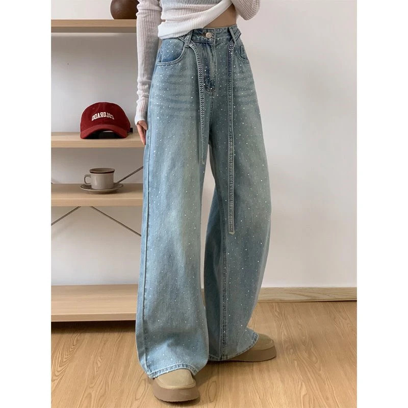 Womens Starry Sparkling High Waisted Wide Leg Jeans Summer Personalized Trousers Cool Girl Casual Bottoms Female Street Pants 250612