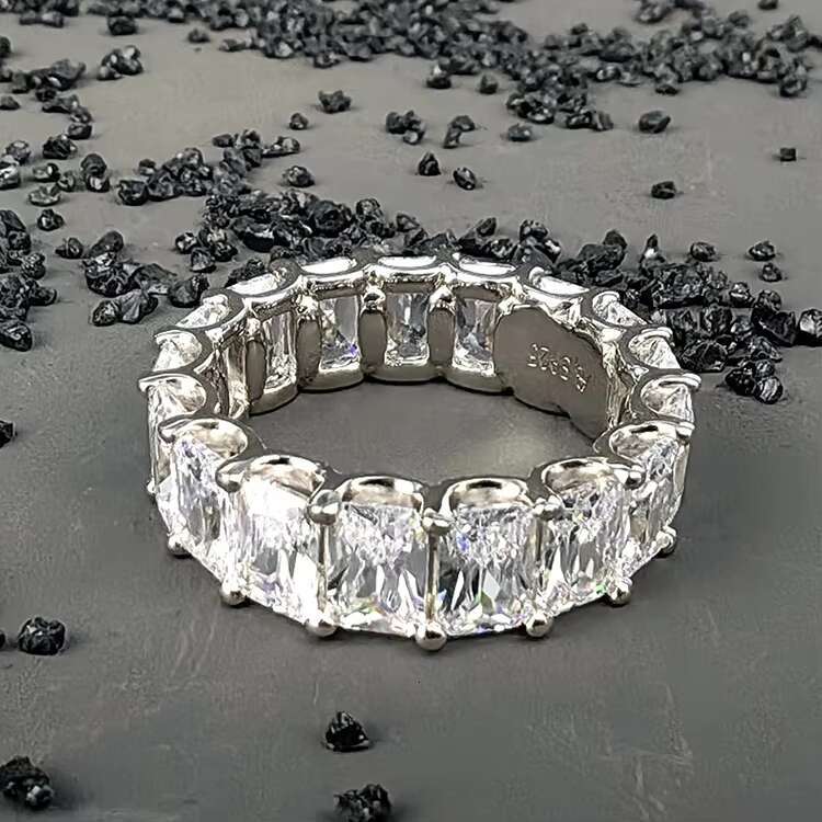 Factory Classic Fine Jewelry Rhodium Plated S925 Sterling Silver Radiant Cut Moissanite Eternity Band Ring for Women Engagement