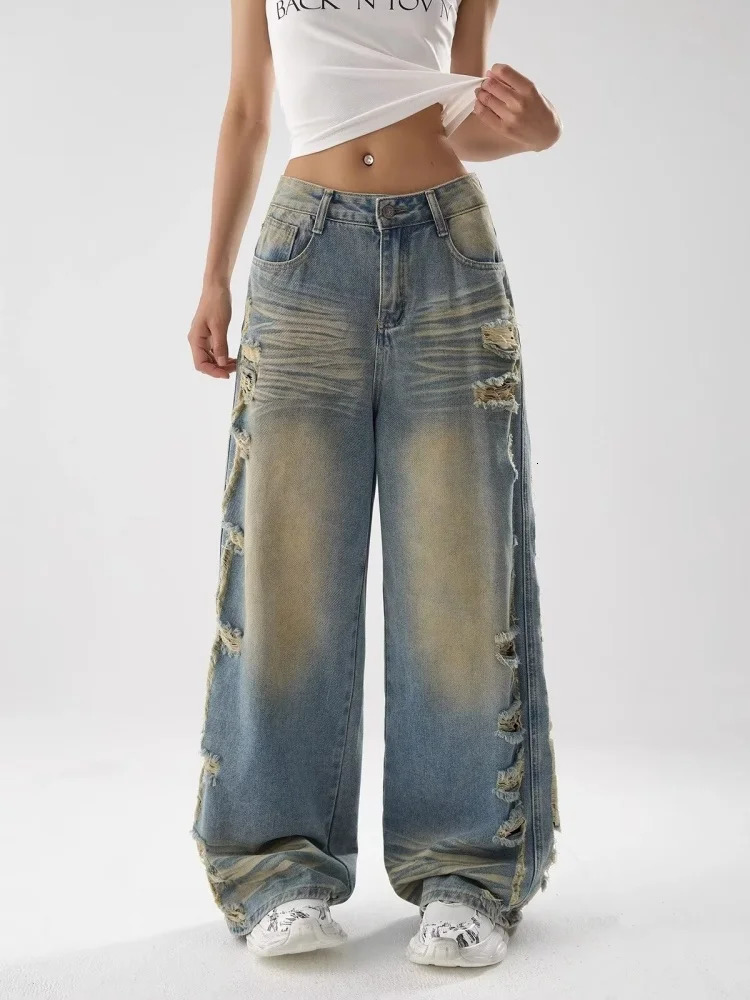 Y2K Clothing Grunge Distressed Blue Baggy Ripped Stacked Jeans Pants For Women 90s Vintage Clothes Wide Leg Lady Denim Trousers 250612