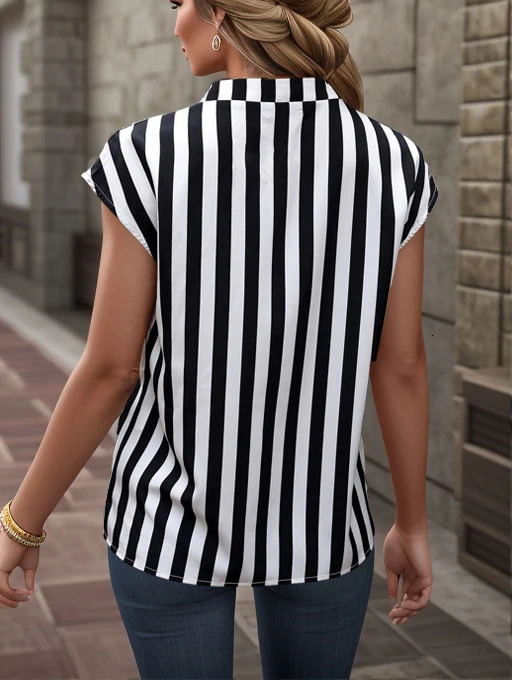 Summer Black and White Striped Printed Bat Sleeve Top Loose Casual VNeck Shirt 250614