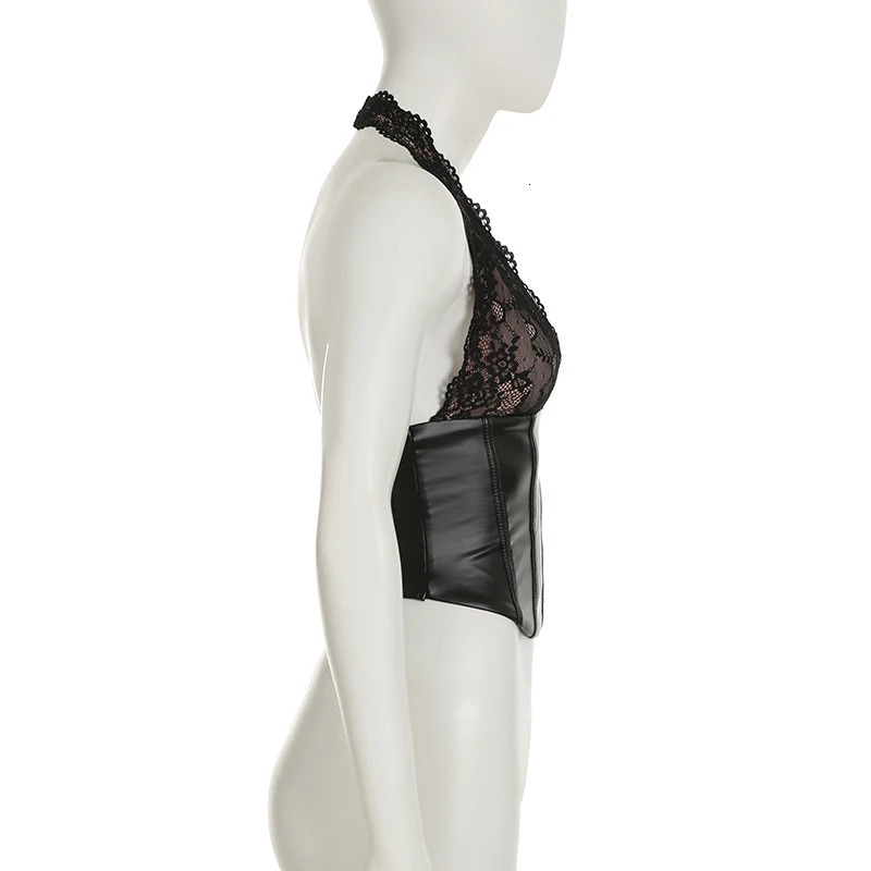 SUCHCUTE Black Vintage Lace Patchwork PU Halter Top Women Fashion y2k Streetwear Club Tank Sexy Backless Vest Summer Outfits 250611