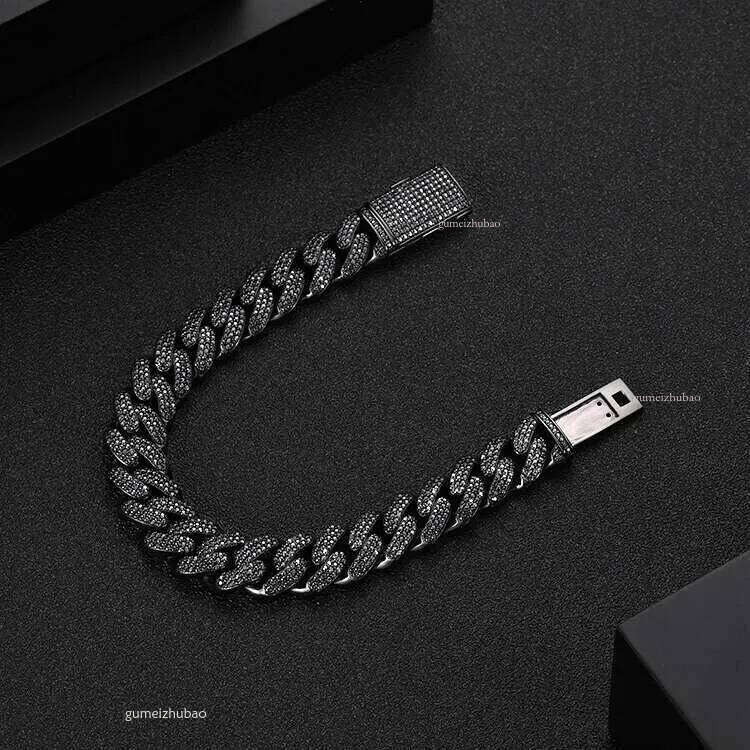Prong Settling 12mm Miami Bracelet 3 Rows Black Gold Men Moissanite Cuban Link Chain in Sier