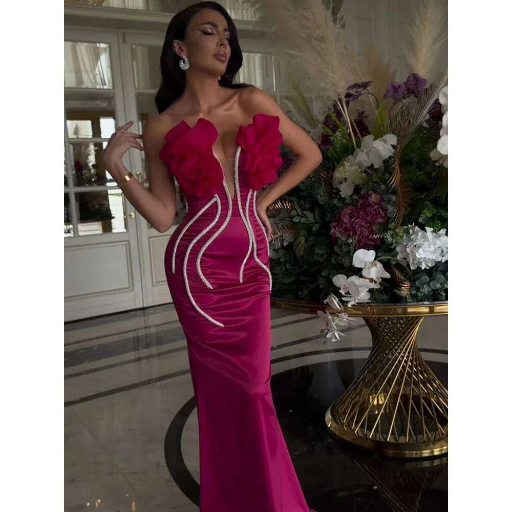 Women Celebrity Sexy Strapless Backless Beading Dias Pink Maxi Long Bandage Elegant Evening Club Party Dress