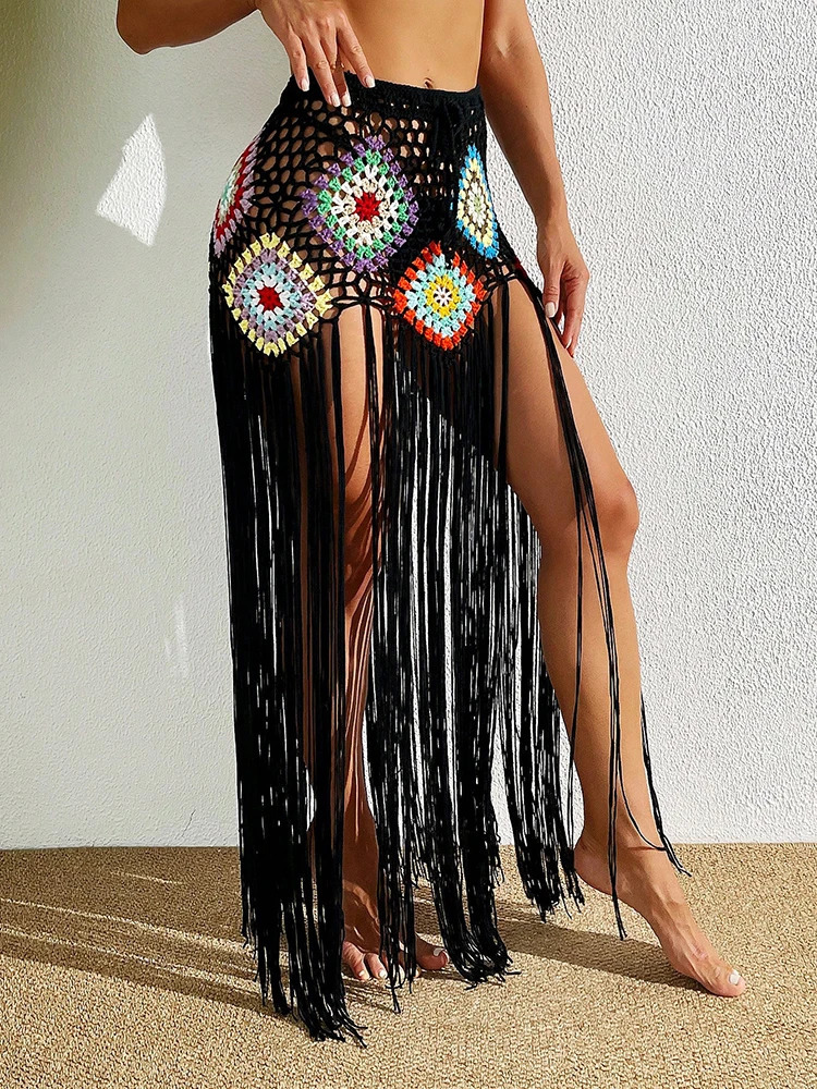Cover Ups Crochet Long Fringe Tassel Beach Dress Hollow Out Swimwear Bathing Suit Beachwear Tunics Halflength Drawstring Skirt 250614