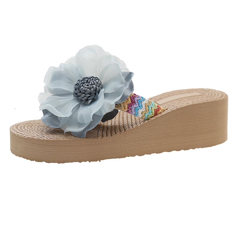 Ddmyoutdoor Niche New Fairy Style Wedge Flip Flops For Women Summer Fashion Straw Woven Flower Thick Sole Pastoral Vacation Beach Sandals Outdoor Shoe