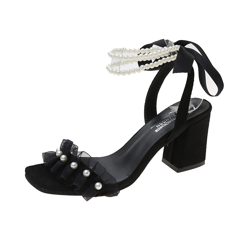 Ddmyoutdoor Fairy Niche French Style Mid Heel Pearl Strap Sandals For Women Thick Spring Transparent One Crystal High Heels Outdoor Shoes