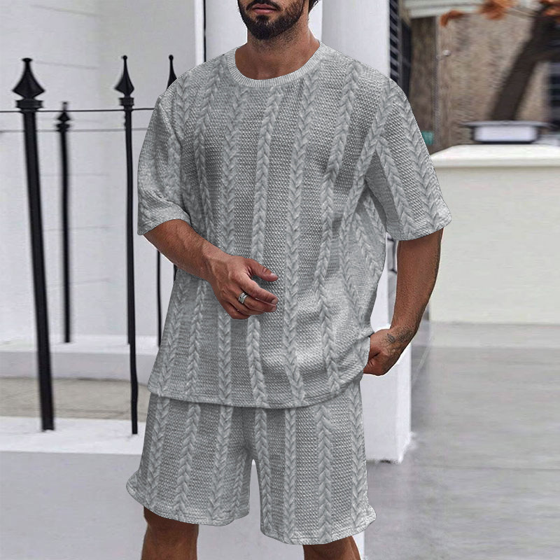 Sportswear Set Casual Sportswear Mens Knitted solid-color jacquard casual round-neck pullover short sleeve and shorts sportswear men's set Europe
