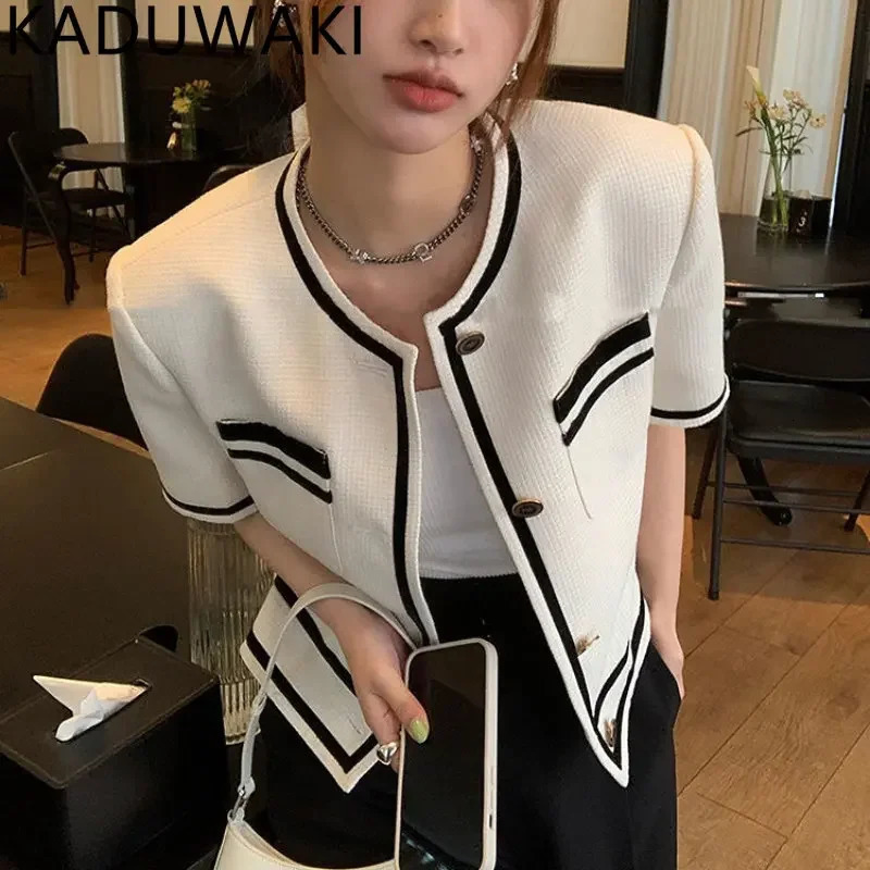 Spring Summer O Neck Short Sleeve Jackets Women Loose Casual Vintage All Match Coat Korean Style Chic Outerwear Tops 250611
