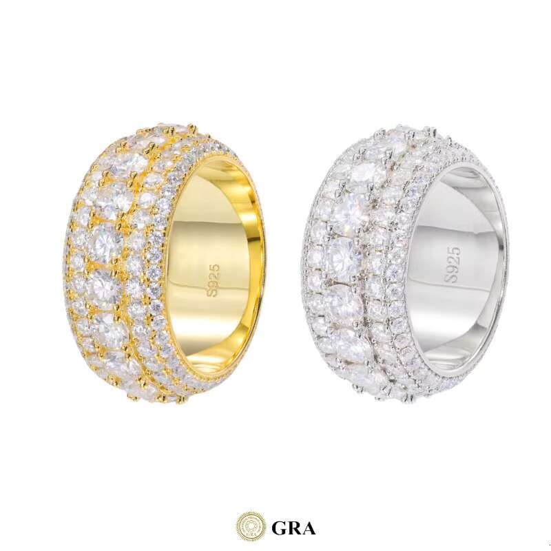 Luxury 5 Row Moissanite S925 Sterling Silver Gold Plated Iced Out Ring Gra Certified Hiphop Moissanite Ring Men