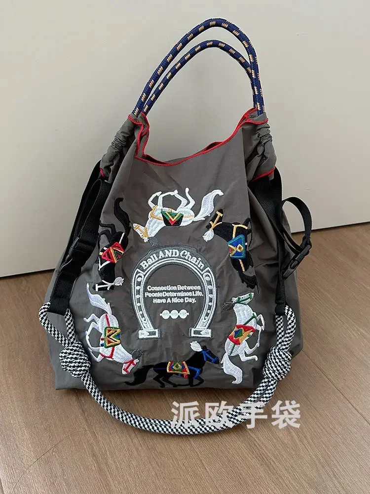 2025 Ball Chain Shopping Bag Nylon Embroidered Canvas Reusable Package Crossbody Women Tote Tophandle Shoulder Crossbody Bag 250610