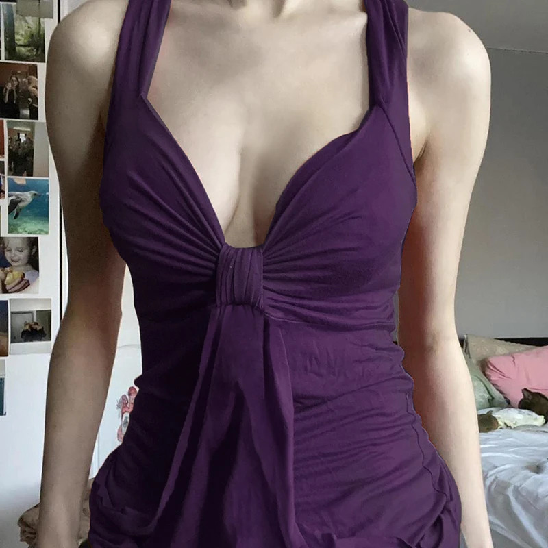 HEYounGIRL Women Fold Bow n Purple Tank Top Y2K Chic Sleeveless Vneck Crop Vintage Stylish Sexy Vest Street Outfits 250614