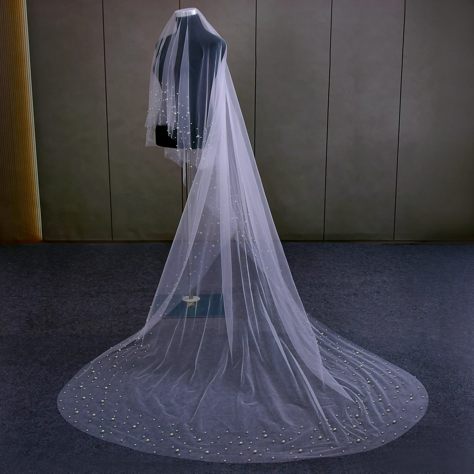 2 Tiers Wedding Veil Long Pearls Beaded Bridal Veils with Blusher Cover Face Cathedral Soft Tulle Wedding Accesories V171 250603