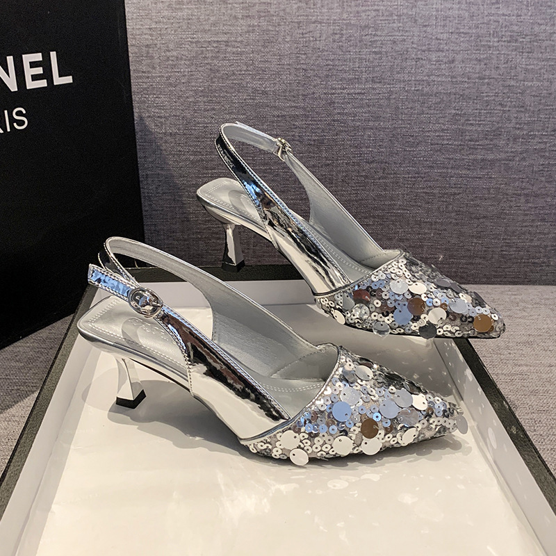 Ddmyoutdoor French Style Niche High Heels Silver Elegant Closed Toe Sandals New Spring Summer Heel Strap Slippers Fairy Shoes Outdoor Shoes