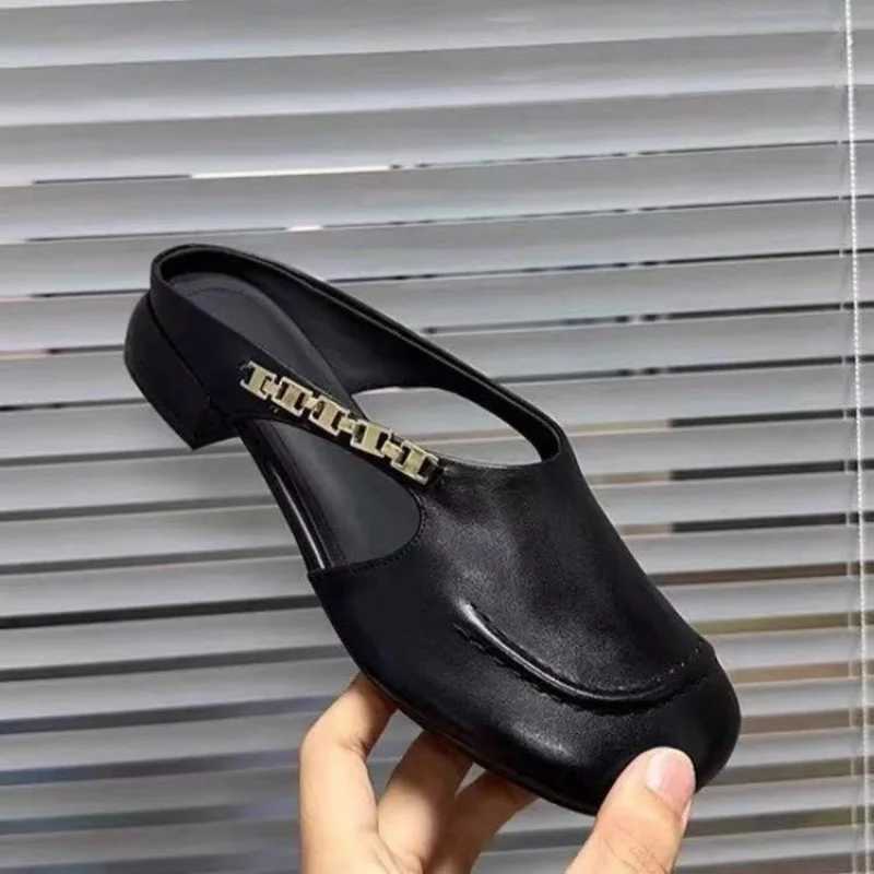 Womens Stylish Genuine Leather Mule Loafers with Metal Buckle Low Heel Slip Flats Casual Driving Shoes XJ250614