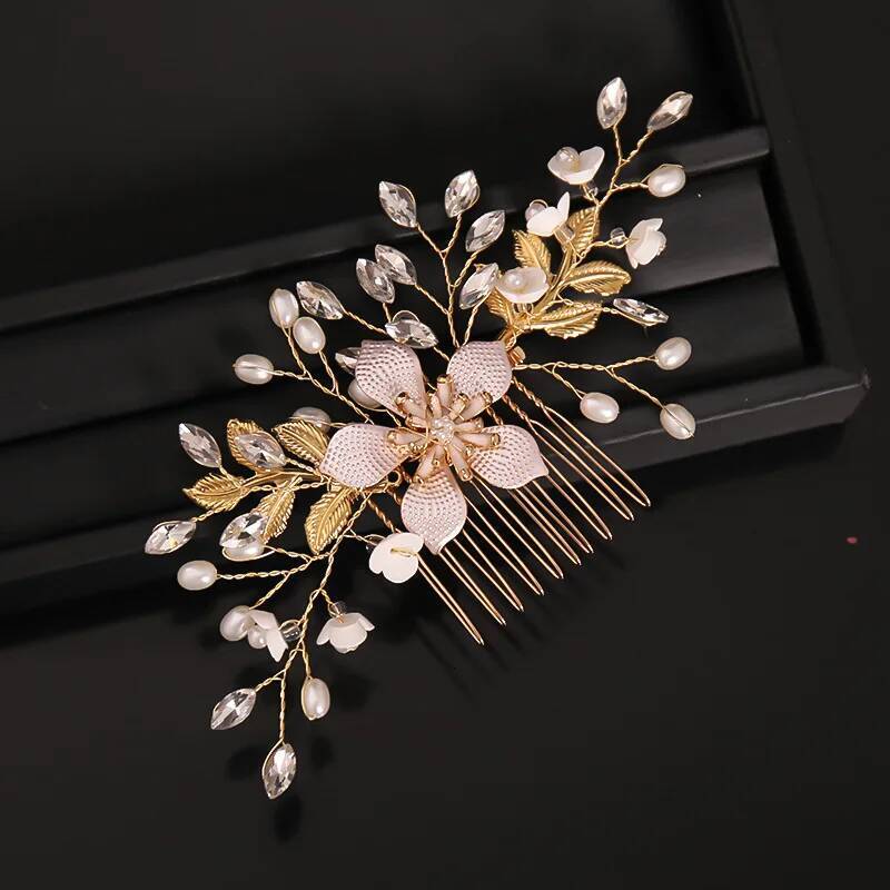 Bridal Wedding Pearl Flower Hairpin Side Golden Leaf Shaped Alloy Tiaras Insert Comb Hair Jewelry Bride Headwear