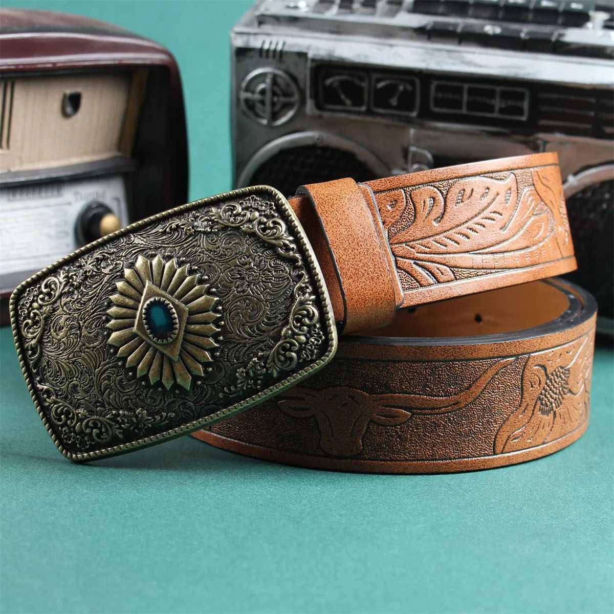 Resin imitation gemstone jade cowhide leather belt mens retro board buckle trend waist belt personal leisure embossed pants X250614