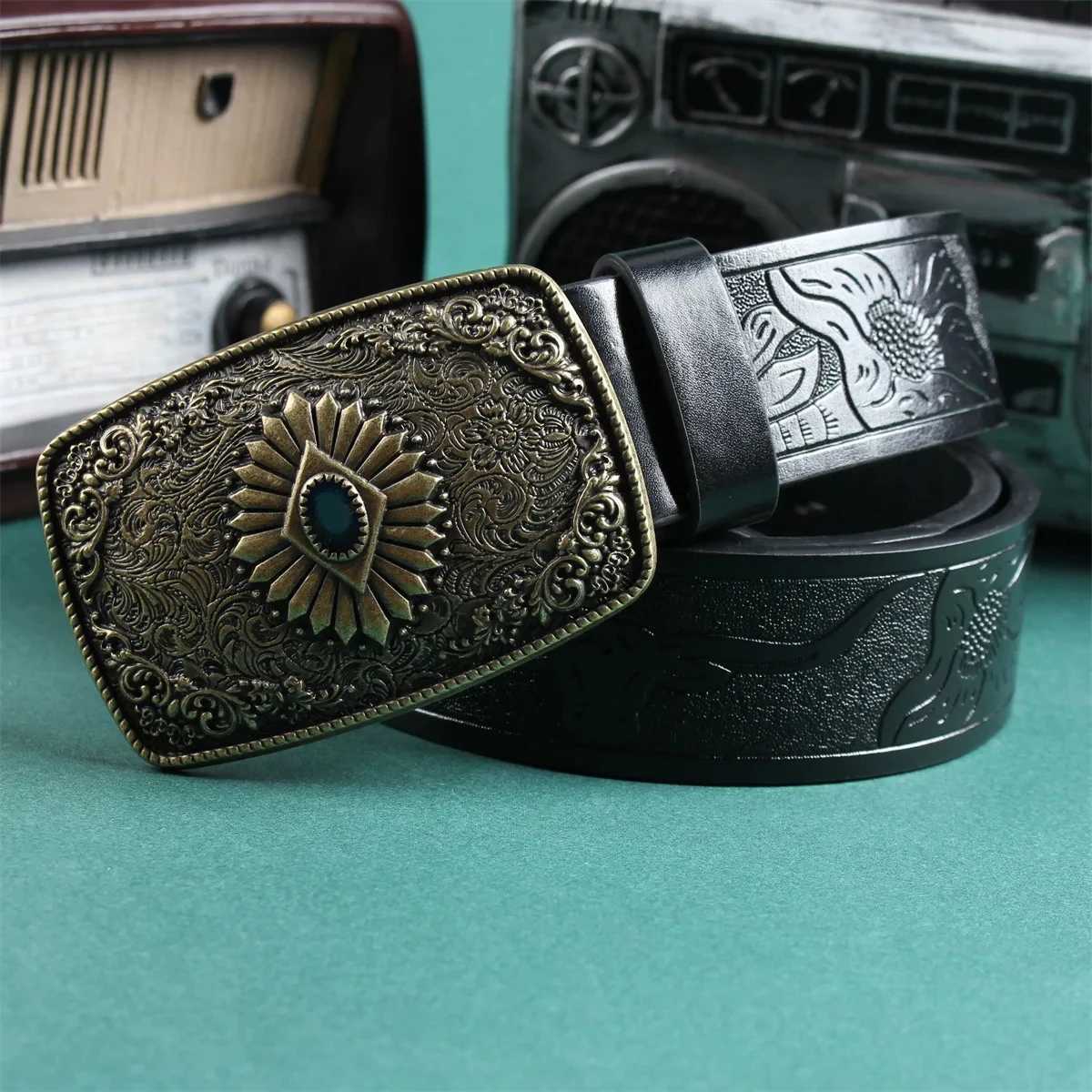 Resin imitation gemstone jade cowhide leather belt mens retro board buckle trend waist belt personal leisure embossed pants X250614