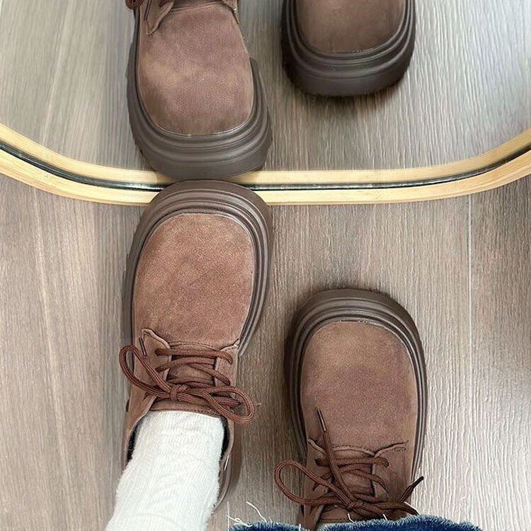 Ddmysports Brown Short Boots For Women Autumn Winter New British Style Versatile Platform Thick Sole Lace Up Chunky Leather Shoes Outdoor Shoes