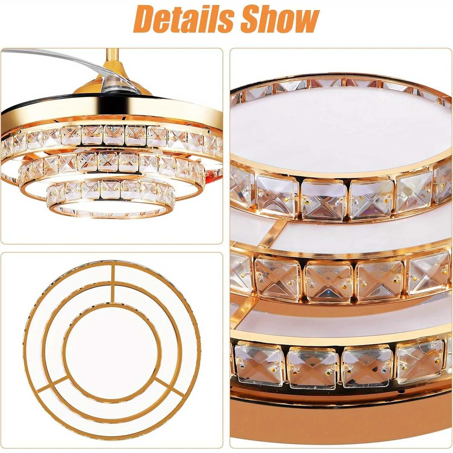 42 Gold Crystal Ceiling Fans with Lights Modern Ceiling Fan Lights 4-Blade Retractable LED Crystal Chandelier Fan Light W250613