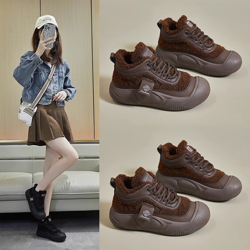 Ddmysports Lamb Wool For Women New Thick Soled Loafers British Style Height Increasing Fleece Lined Cotton Shoes Outdoor Shoes