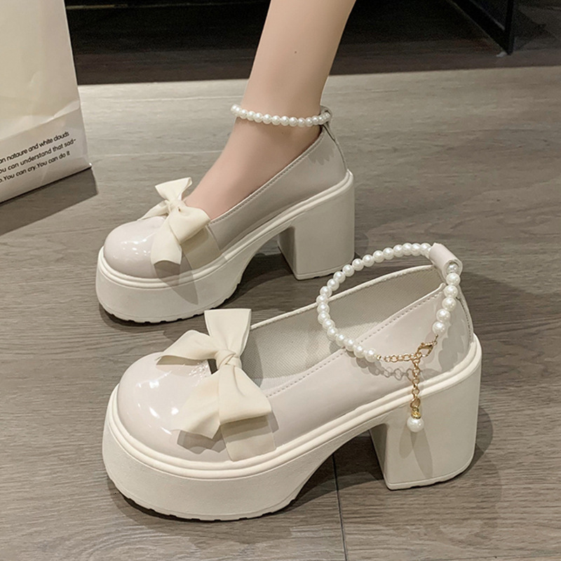 Ddmyoutdoor Platform Mary Jane For Women New Summer Pearl Bow French High Heel Leather Shoes Outdoor Shoes