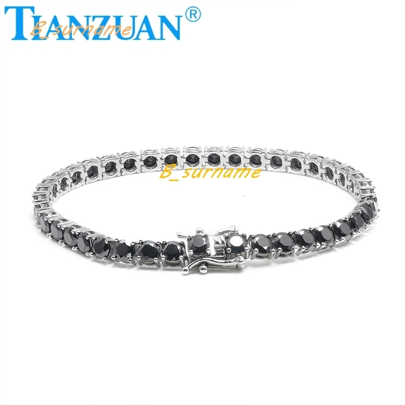 925 Sterling Silver Hip Hop Iced Out Black Round Brillant Moissanite Tennis Chain Bracelet Synthetic Diamond Jewelry