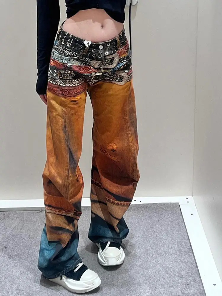 Threedimensional Color oil Painting Coverage Belt Shape Abstract Gradient n Straight Jeans Womens Versatile Street Pants 250612