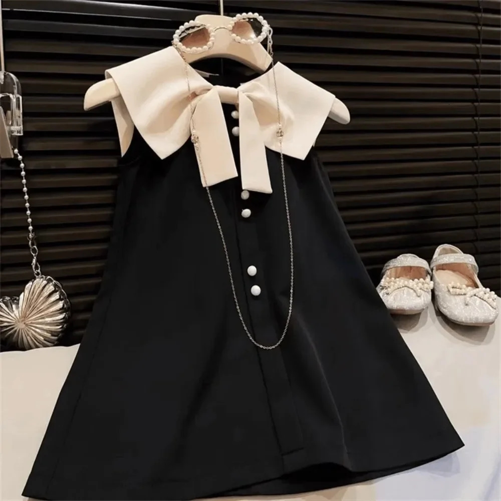 Korean Version Black Sleeveless Kids Clothes Summer Bow Decoration Girls Dress Birthday Party Princess Dresses 2-7 Years Old 250614