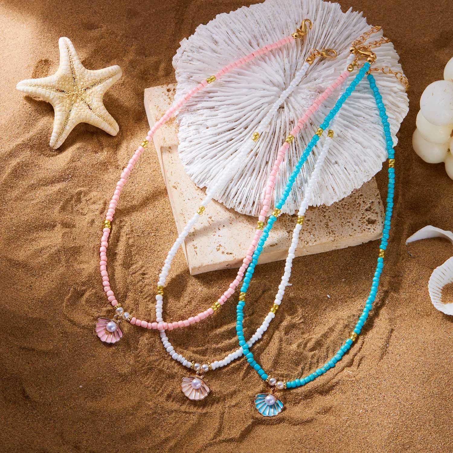 Bohemian Starfish Shell Rice Beads Necklace for Women Handmade Strand Beaded Choker Short Neck Chain Jewelry Summer Accessory Z250614