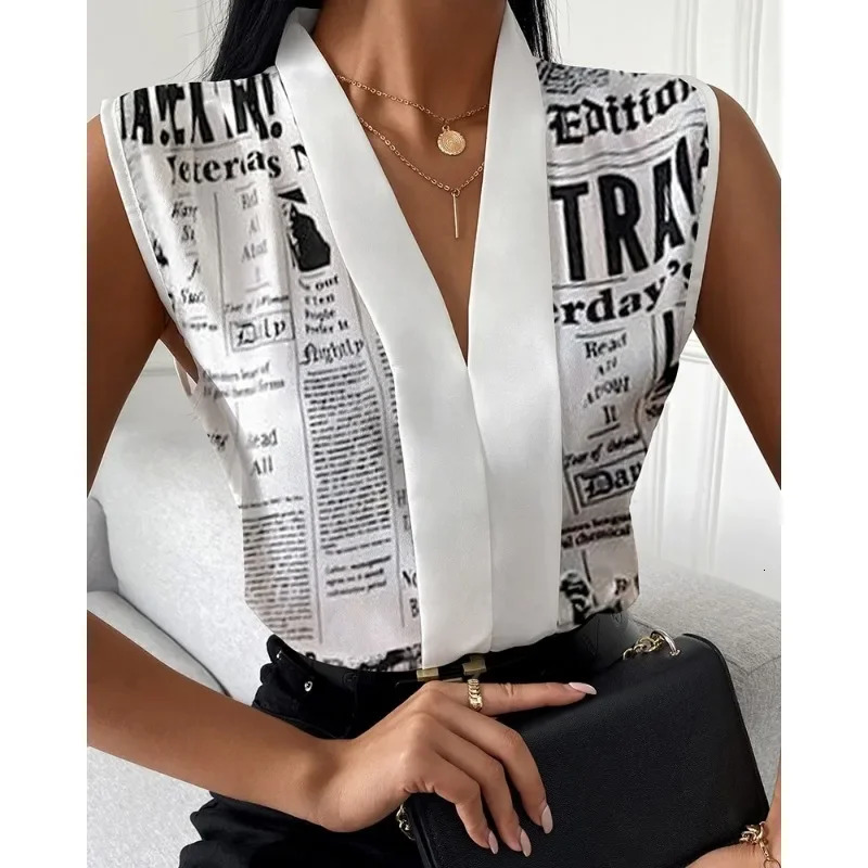 Womens Office Shirts Summer Lady Sleeveless Vneck Print Elegant Women Blouse Top Streetwear Female Clothing 250614