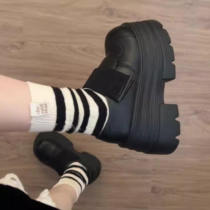 Ddmysports Spring Thick Soled Height Increasing Short British Style Platform For Women New Fashion Versatile Black JK Leather Shoes Outdoor Shoes