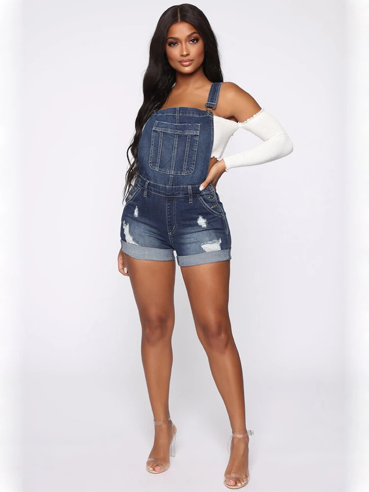 Summer Women Shorts Overalls Ripped Jeans Lady Sexy Stretch Rompers Denim Pants Cross Strap Jumpsuit Casual Bodysuits 250612