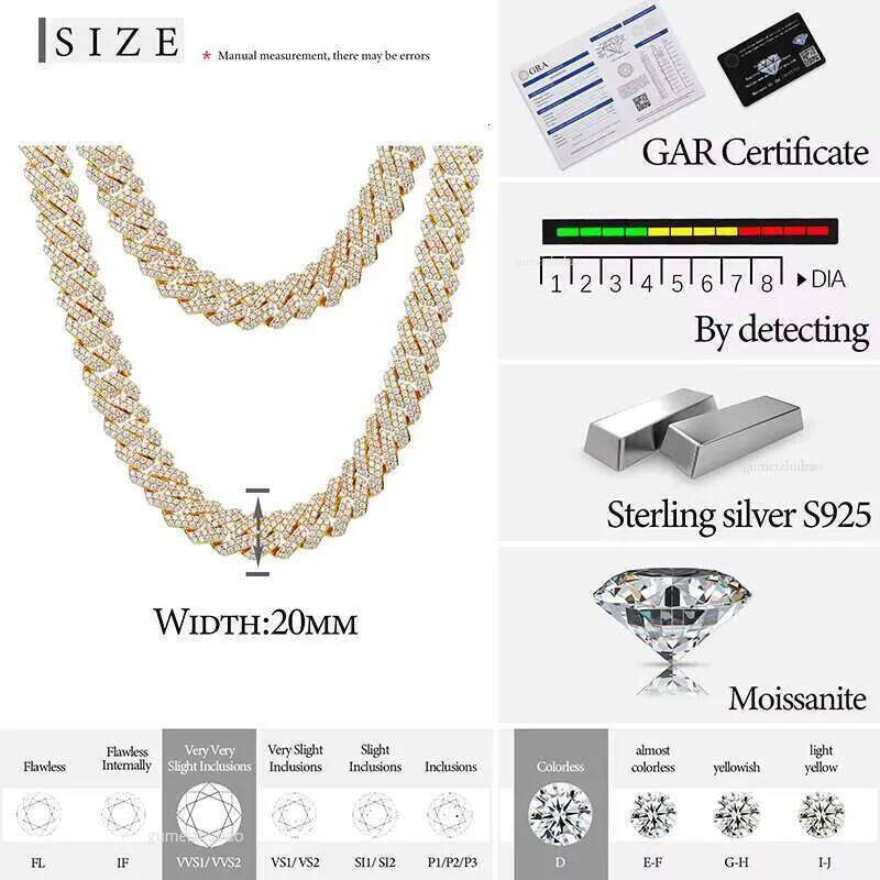 20mm Real Sterling Sier Hand Setting Moissanite Vvs Dia Cuban Link Chain Necklace with Box Clasp