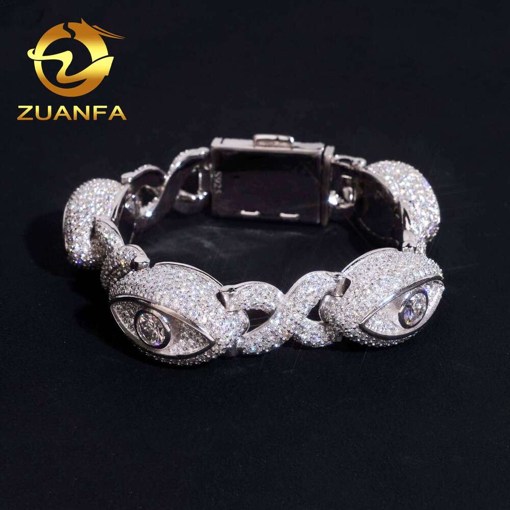 15Mm Iced Out Eye Design Sier Hip Hop Jewelry Unisex Moissanite Cuban Chain Bracelet