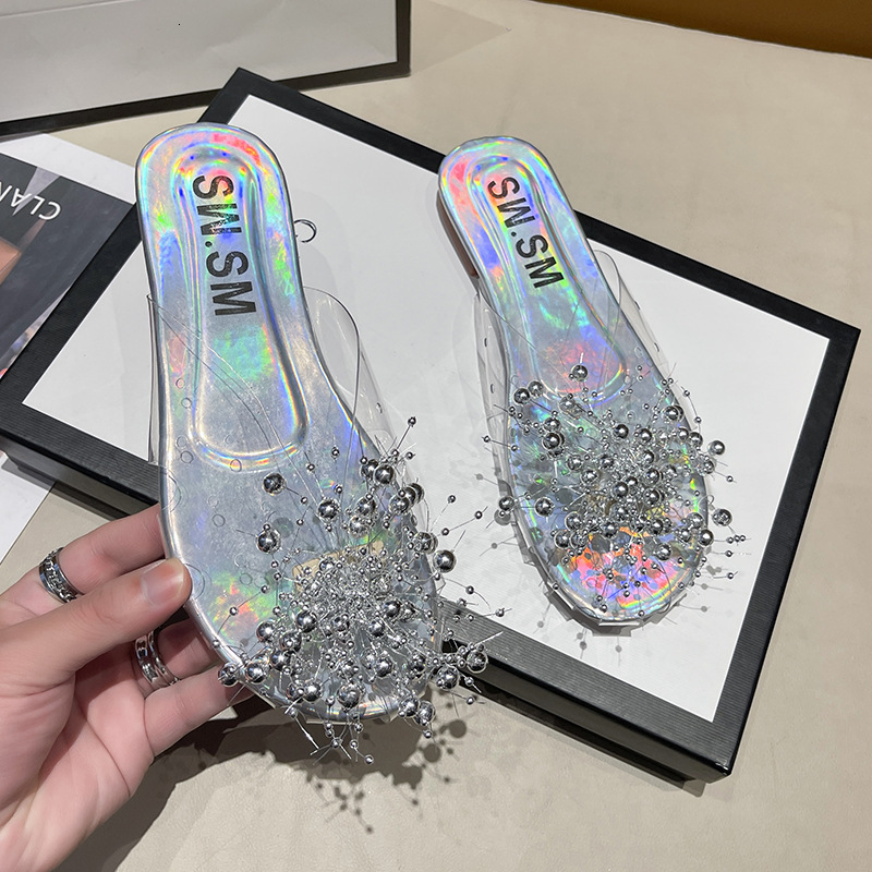 Ddmyoutdoor Shiny Silver Transparent Beaded Toe Cap Half For Women Outdoor Summer Internet Celebrity Super Popular Sandals Slippers Outdoor Shoes