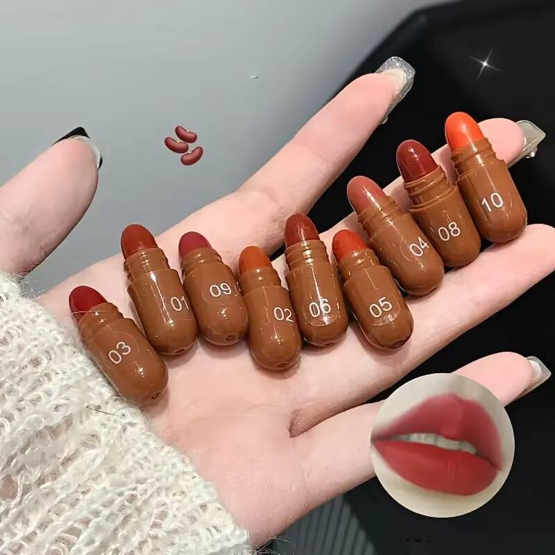 10Pcs Chocolate Mini Lipstick Set,Long-Lasting Matte Velvet Lipstick,Creamy Texture,Non-sticky Cup Design for all Skin Types happy