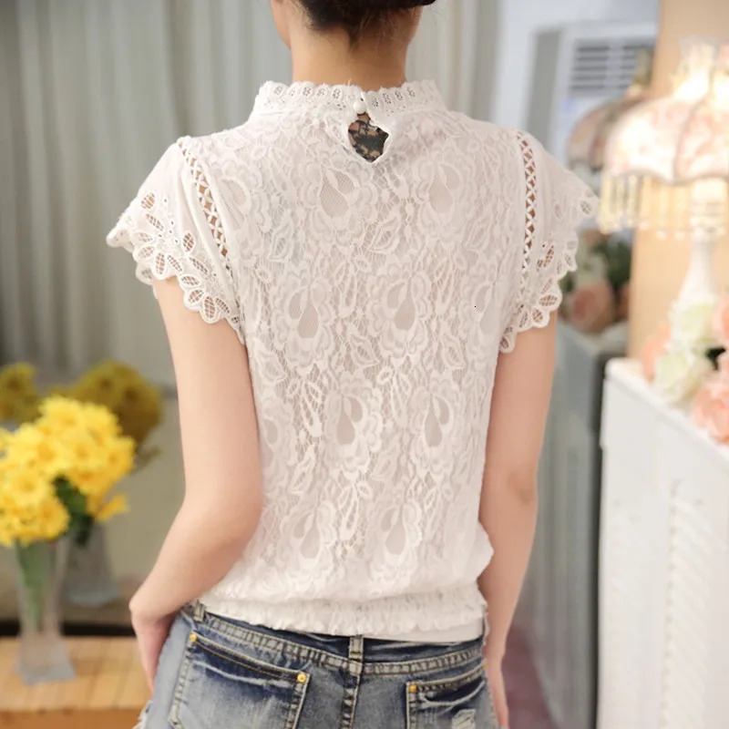 Summer Casual Solid Blouses for Women Petal Sleeve Floral Lace Tops Sweet Chiffon Oneck Short Shirts Elegant Chic 01C 250614