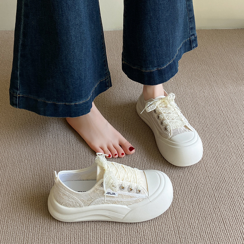 Ddmyoutdoor Lace Mesh Thick Sole White Sneakers For Women Summer New Versatile Casual Height Increasing Breathable Student Shoes Outdoor Shoes