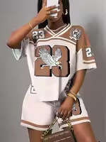 New Fashion Street Print Loose Casual V-Neck Short Sleeve Top And Shorts Sports Set B5