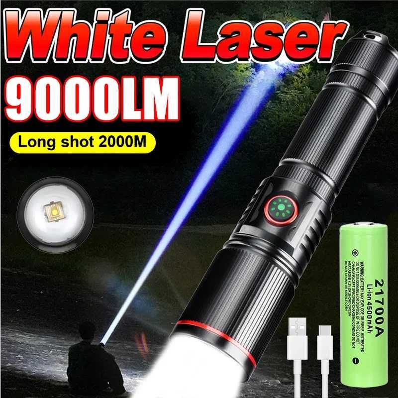 Powerful 50W White Laser Zoom Flashlight Use 18650 or 21700 Battery USB Rechargeable Torch Outdoor Hunting Emergency Lantern W250613