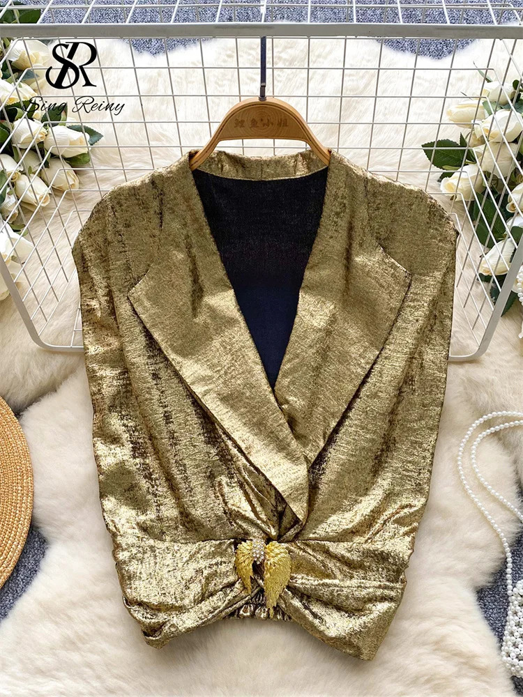 SINGREINY Satin Suit Vest 2025 Women V Neck SLeeveless Solid Elastic Short Blouse Serpentine Work Casual Tank Top 250609