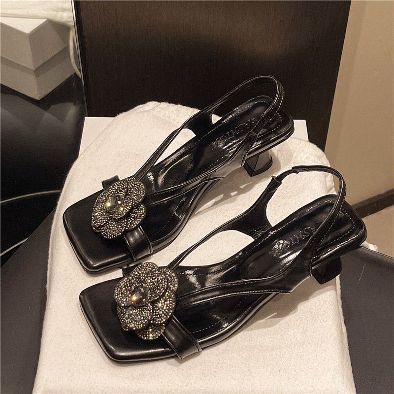 Ddmyoutdoor Fashion Square Toe High Heels Summer New Elegant Camellia Flower Hollow Thin Heel Versatile Elastic Strap Sandals Outdoor Shoes